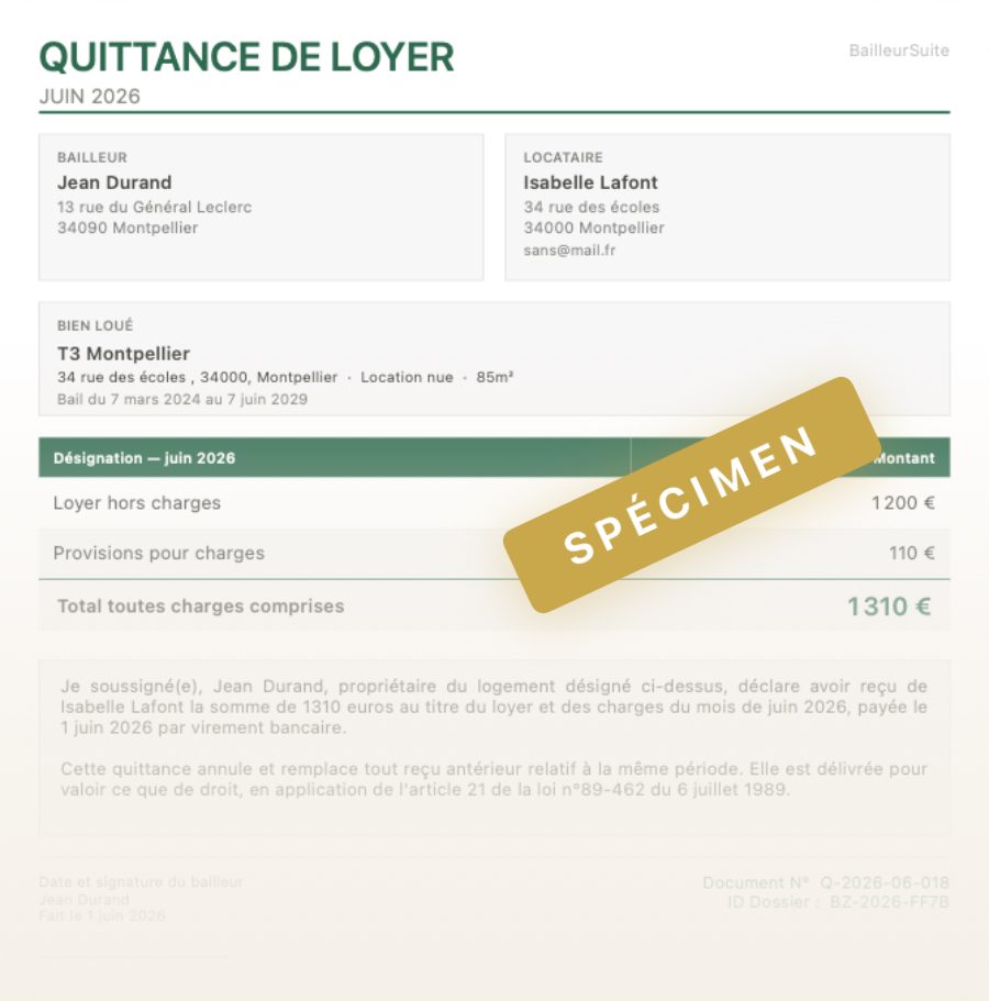 Exemple de quittance de loyer générée par l'application BailleurSuite